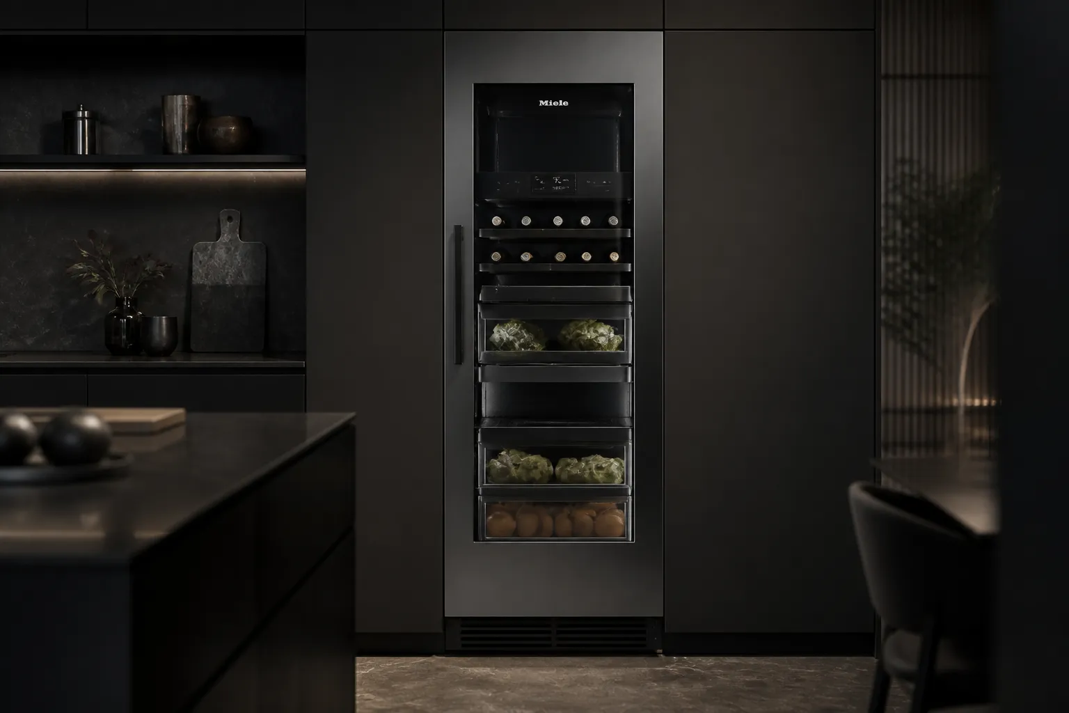 Встраиваемый холодильник Miele в тёмном интерьере